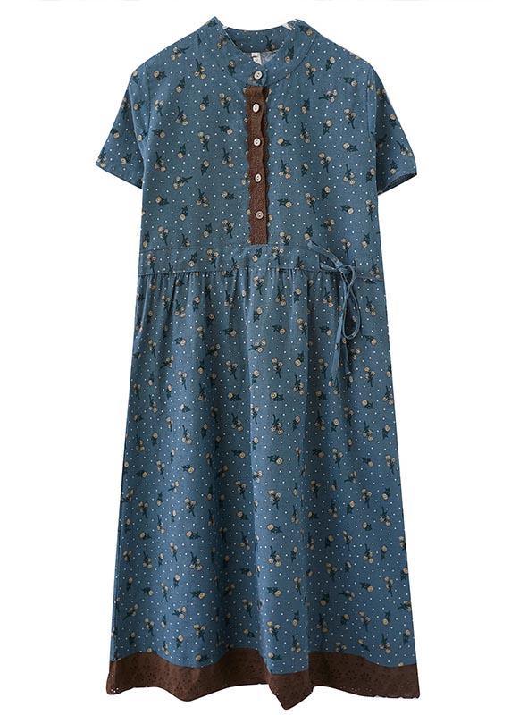 Unique Blue Print tie waist Long Summer Cotton Dress - bagstylebliss