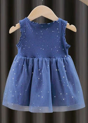 Unique Blue Ruffled Button Patchwork Tulle Kids Girls Dresses Sleeveless