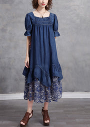 Unique Blue Square Collar Patchwork Lace Cotton Denim Dress Short Sleeve