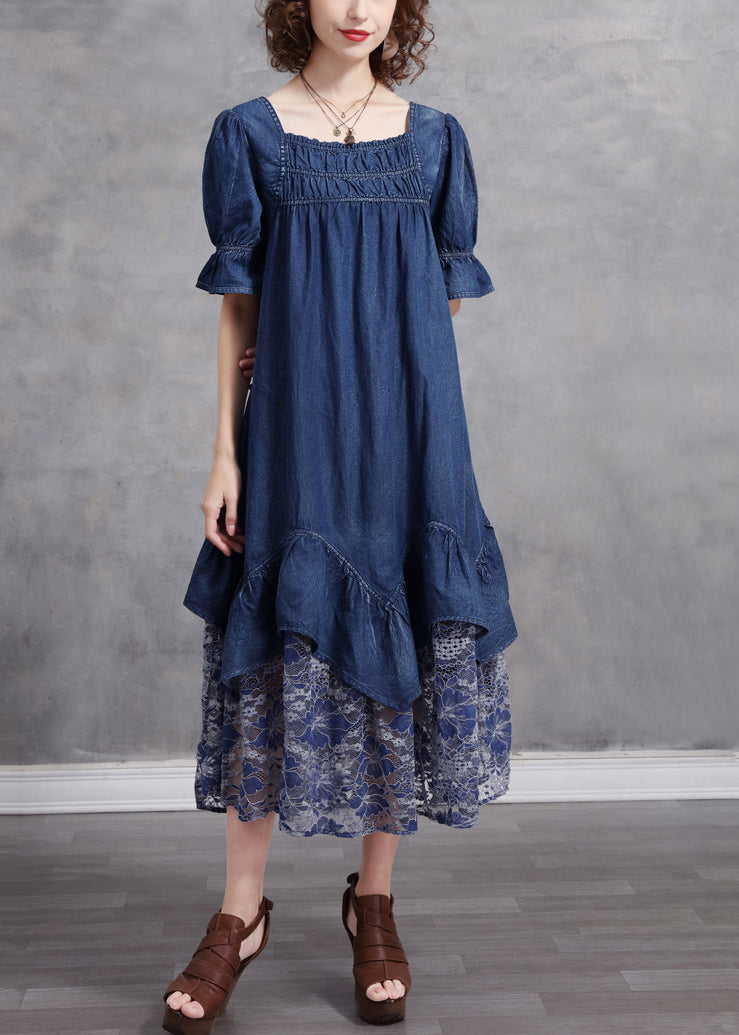 Unique Blue Square Collar Patchwork Lace Cotton Denim Dress Short Sleeve