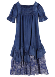 Unique Blue Square Collar Patchwork Lace Cotton Denim Dress Short Sleeve