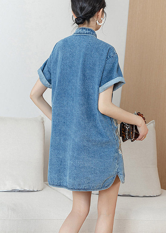 Unique Blue Stand Collar Embroidered Floral Side Open Button Cotton Denim Mid Dress Short Sleeve