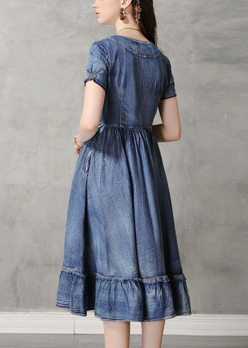 Unique Blue V Neck Ruffled Cinched Embroideried Cotton Denim Dresses Short Sleeve