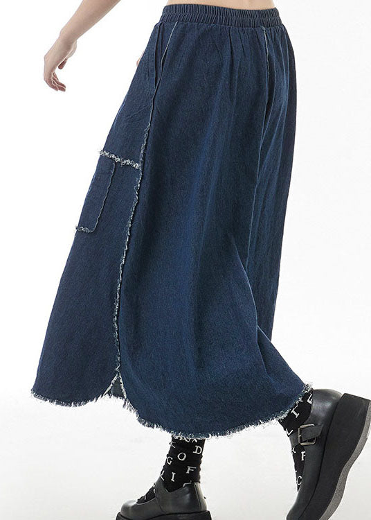 Unique Blue elastic waist side open Patchwork Skirts Spring