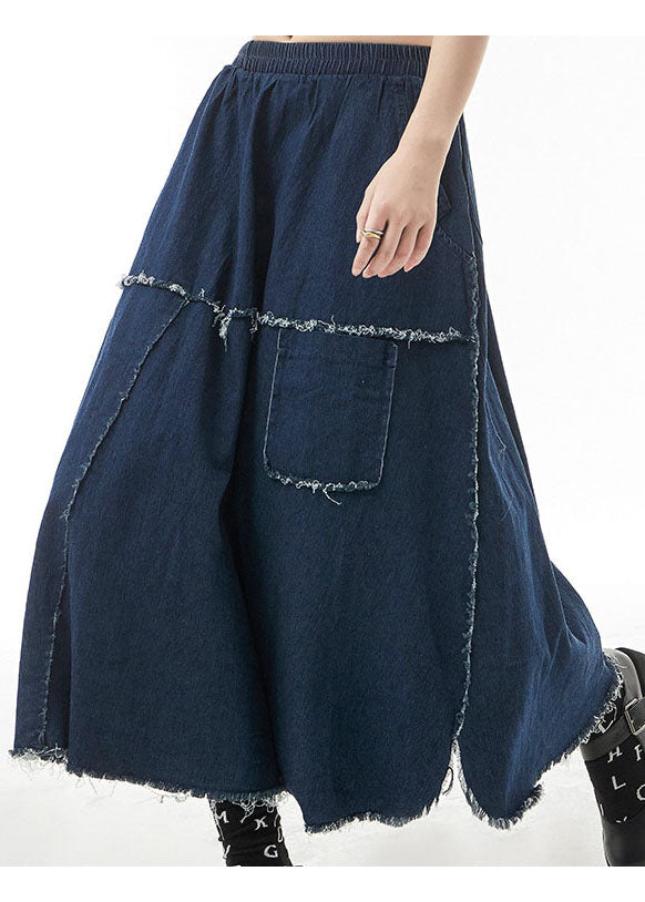 Unique Blue elastic waist side open Patchwork Skirts Spring