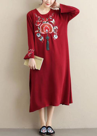 Unique Burgundy Embroidery Tunic Pattern O Neck Tassel Spring Dress - bagstylebliss