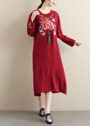 Unique Burgundy Embroidery Tunic Pattern O Neck Tassel Spring Dress - bagstylebliss