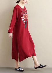 Unique Burgundy Embroidery Tunic Pattern O Neck Tassel Spring Dress - bagstylebliss