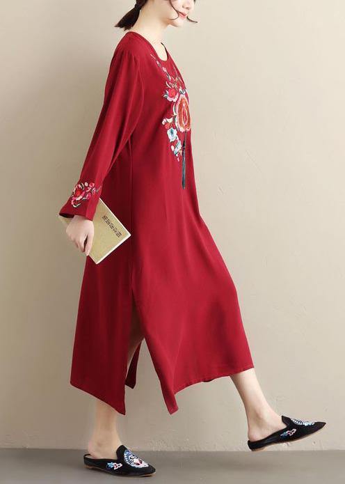 Unique Burgundy Embroidery Tunic Pattern O Neck Tassel Spring Dress - bagstylebliss