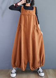 Unique Caramel Pockets High Waist Patchwork Corduroy Jumpsuit Fall