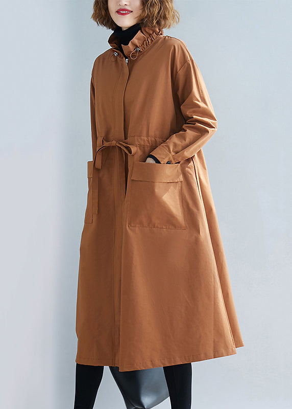 Unique Caramel Stand Collar Lace Up Patchwork Cotton Trench Coats Fall