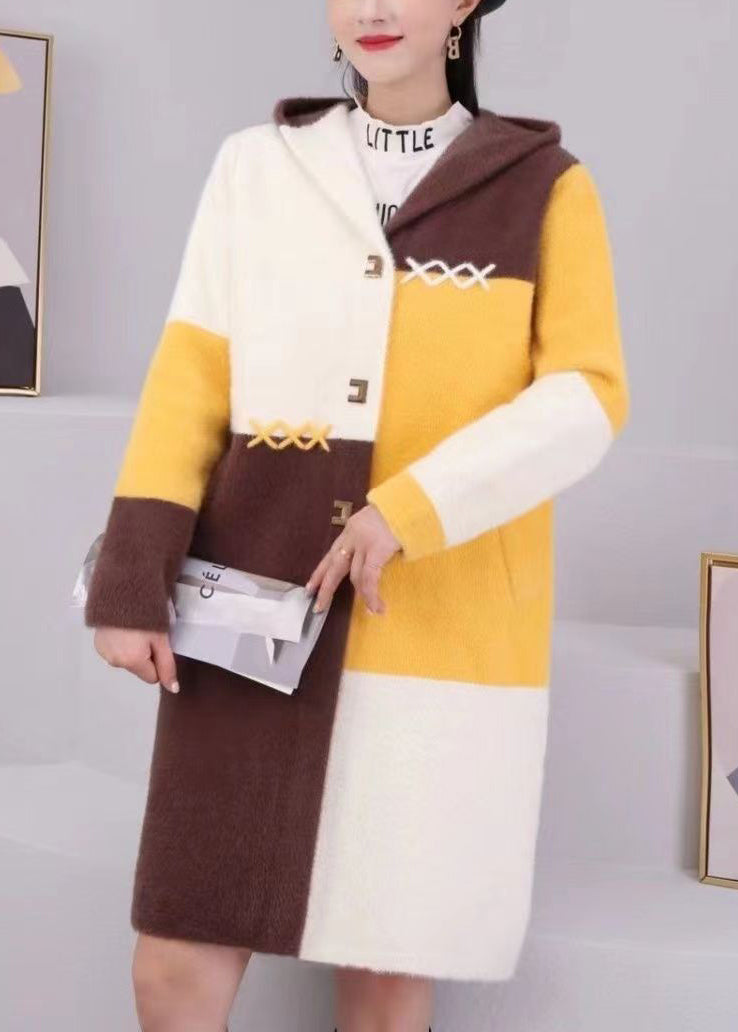 Unique Coffee Hooded Pockets Patchwork Mink Hair Knitted Coats Fall