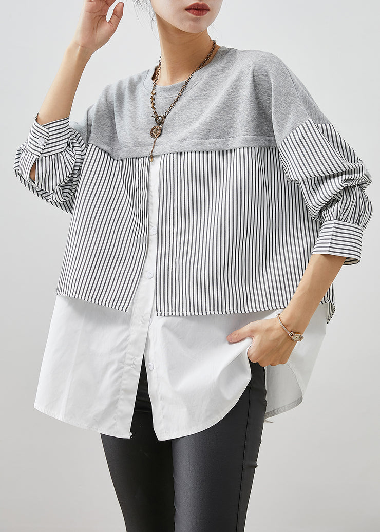 Unique Colorblock Oversized Patchwork Striped Cotton Top Fall