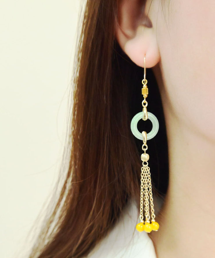 Unique Cyan 14K Gold Jade Beeswax Tassel Drop Earrings