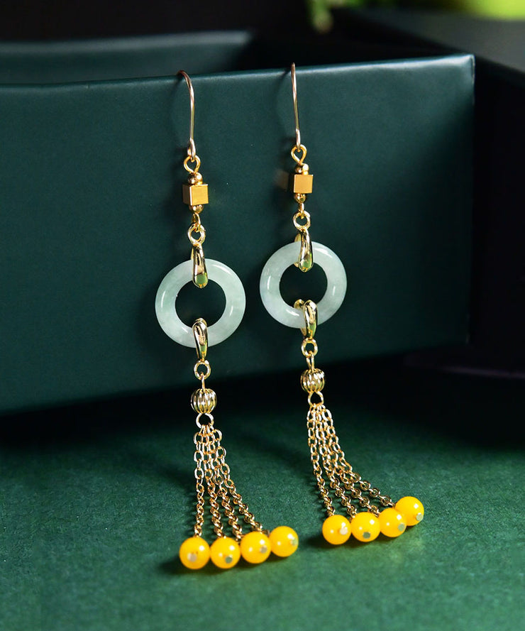 Unique Cyan 14K Gold Jade Beeswax Tassel Drop Earrings