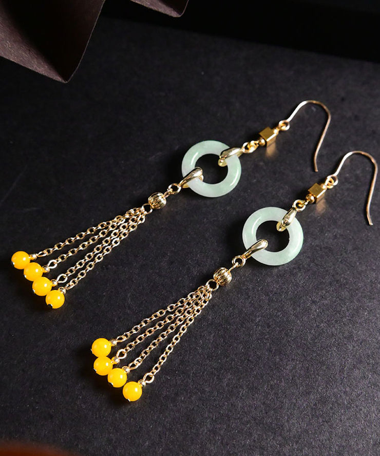 Unique Cyan 14K Gold Jade Beeswax Tassel Drop Earrings