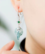 Unique Cyan Sterling Silver Inlaid Zircon Jadeite Drop Earrings