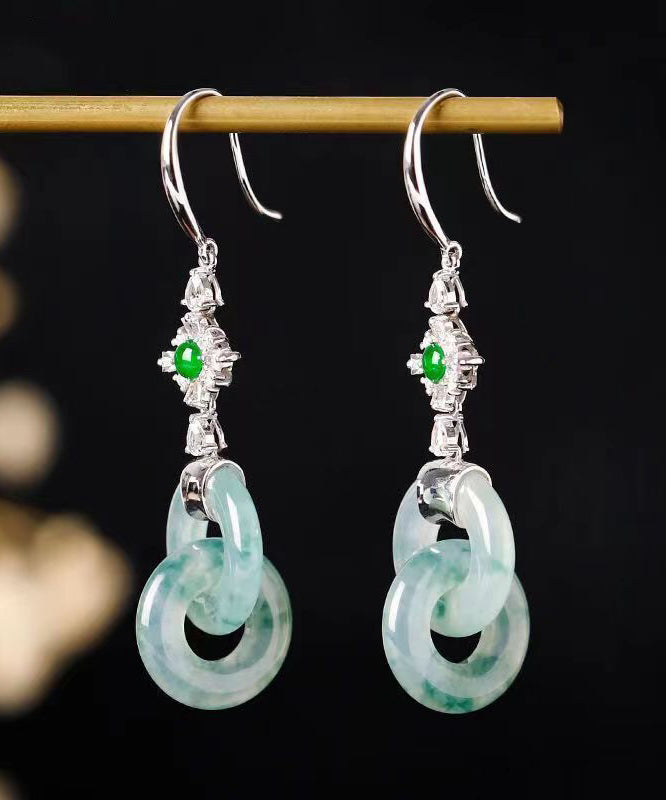 Unique Cyan Sterling Silver Inlaid Zircon Jadeite Drop Earrings