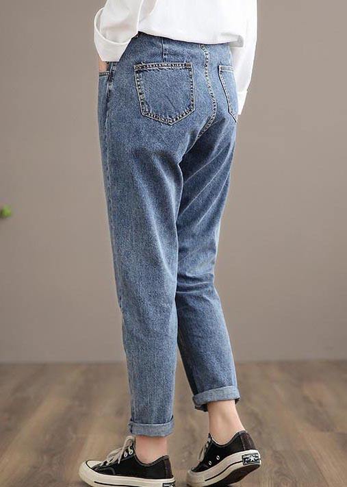 Unique Denim Dark Blue High Waist Spring Elastic Waist Pattern Wild Pants - bagstylebliss