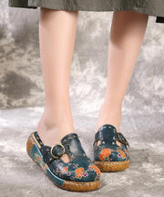 Unique Embossed Platform Slippers Shoes Blue Cowhide Leather - bagstylebliss