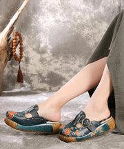 Unique Embossed Platform Slippers Shoes Blue Cowhide Leather - bagstylebliss