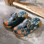 Unique Embossed Platform Slippers Shoes Blue Cowhide Leather - bagstylebliss