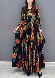 Unique Floral O Neck Wrinkled Patchwork Cotton Long Dress Fall