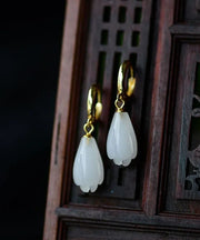 Unique Gold Sterling Silver Overgild Jade Orchid Drop Earrings