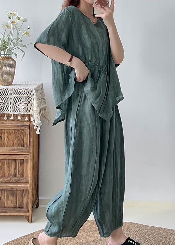 Unique Green Asymmetrical Wrinkled Tie Dye Linen Women Sets 2 Pieces Fall