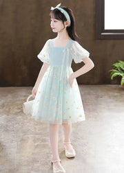 Unique Green Embroidered Floral Patchwork Wrinkled Tulle Girls Mid Dress Summer