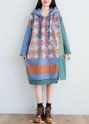 Unique Green Hooded Asymmetrical Design Patchwork Print Fall Pullover Dress - bagstylebliss