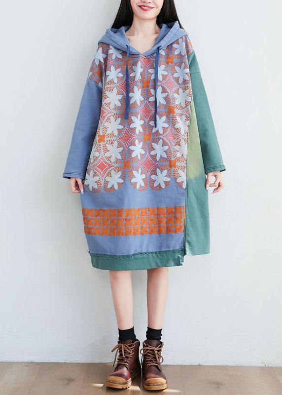 Unique Green Hooded Asymmetrical Design Patchwork Print Fall Pullover Dress - bagstylebliss