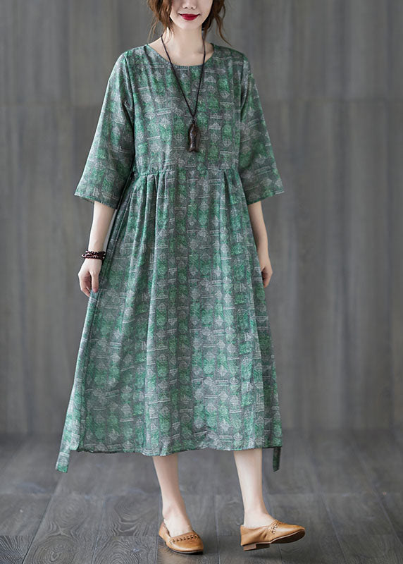 Unique Green O-Neck Patchwork Print Fall Maxi Dresses Half Sleeve