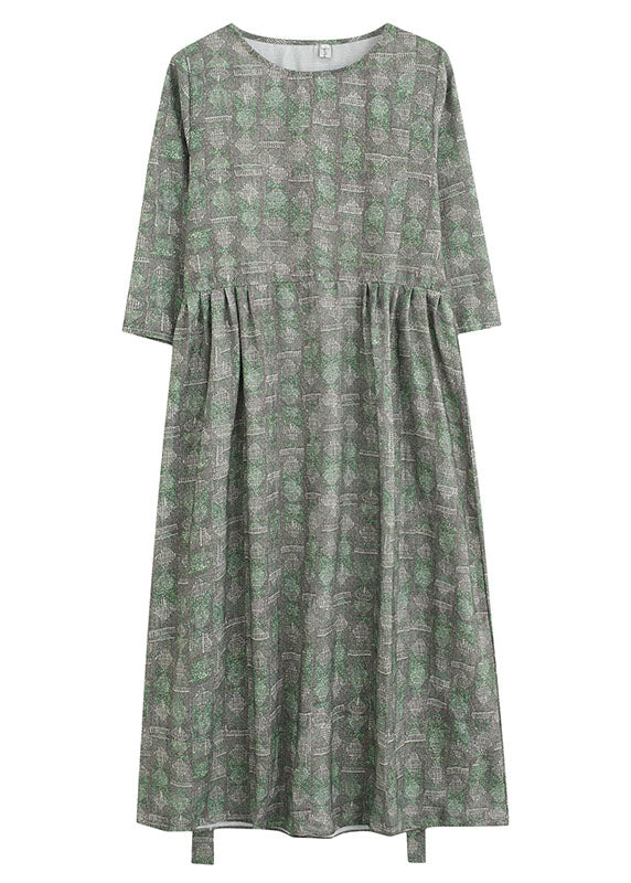 Unique Green O-Neck Patchwork Print Fall Maxi Dresses Half Sleeve