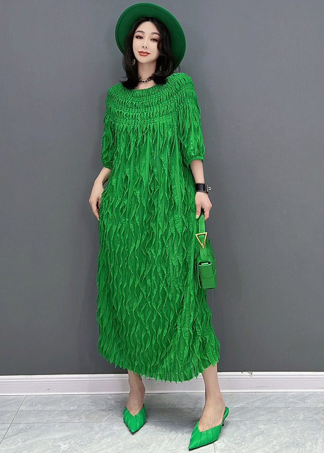 Unique Green O-Neck Wrinkled Silk Dresses Half Sleeve