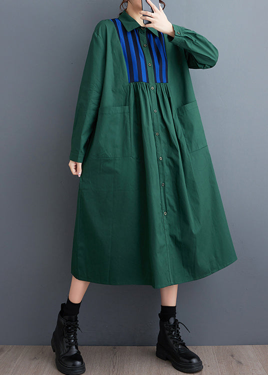 Unique Green Oversized Patchwork Cotton Shirt Dress Spring