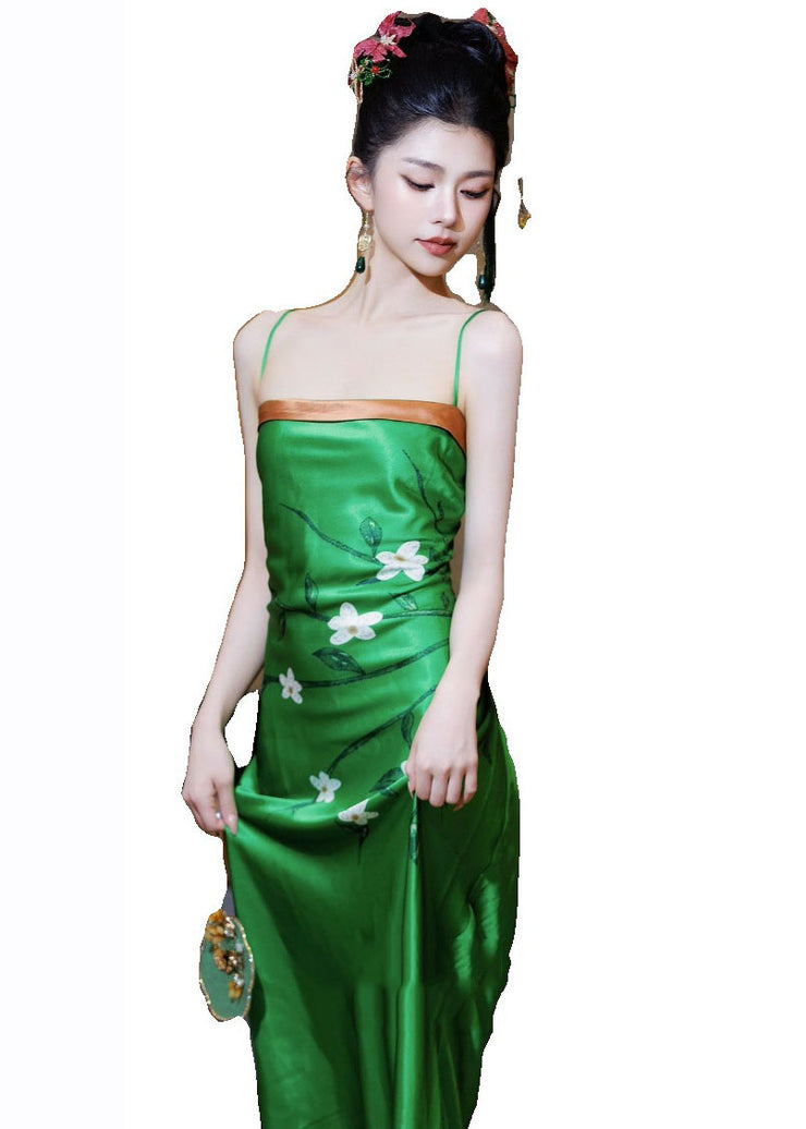 Unique Green Print High Waist Silk Slip Dress Summer