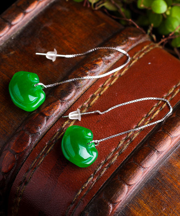 Unique Green Sterling Silver Dry Green Jade Ruyi Drop Earrings