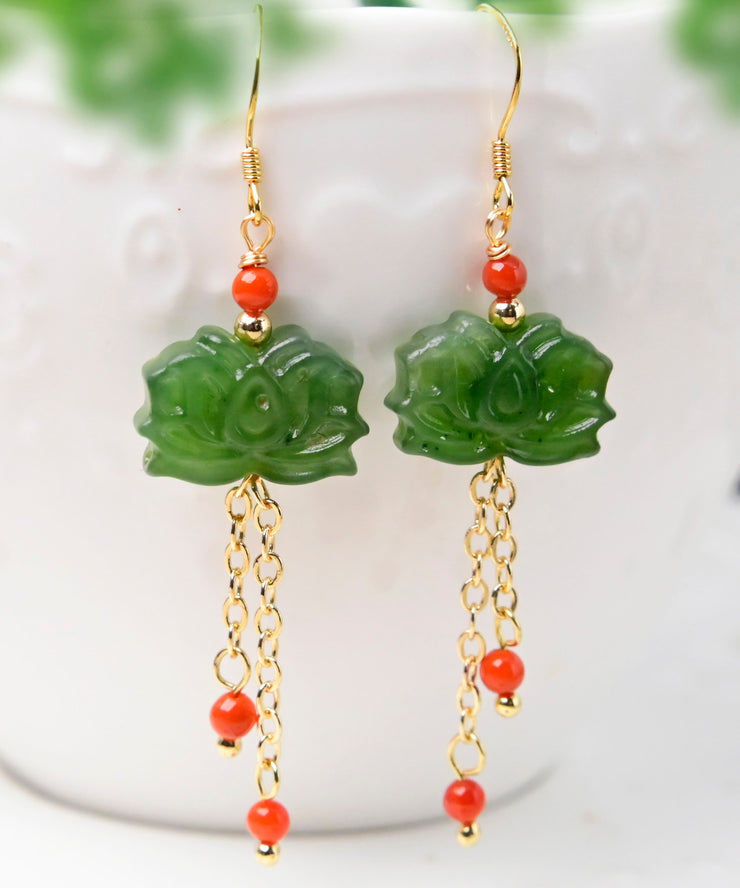 Unique Green Sterling Silver Overgild Inlaid Gem Stone Jade Drop Earrings