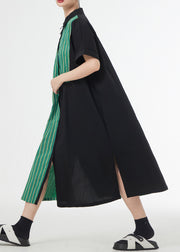 Unique Green Striped Asymmetrical Patchwork Cotton Shirt Dress Summer