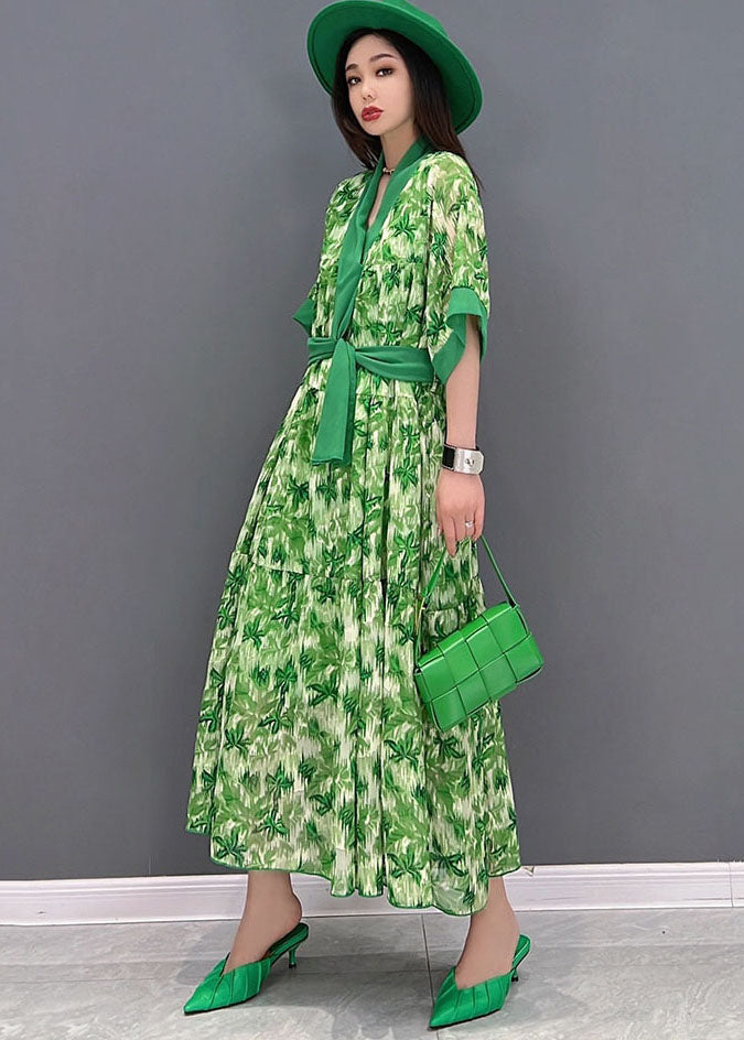 Unique Green V Neck Print Chiffon Long Dresses Short Sleeve