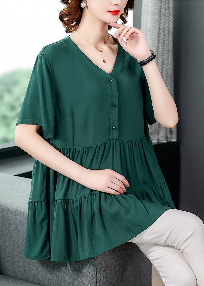 Unique Green V Neck wrinkled Ruffles Button Shirt Top Short Sleeve