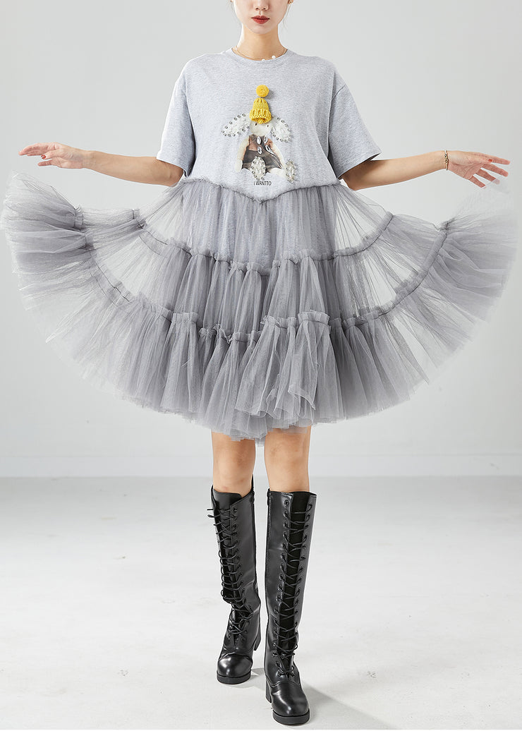 Unique Grey Cartoon Zircon Tulle Patchwork Cotton Party Dress Summer