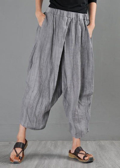 Unique Grey Elastic Waist Cotton Linen Wide Leg Summer Pants - bagstylebliss