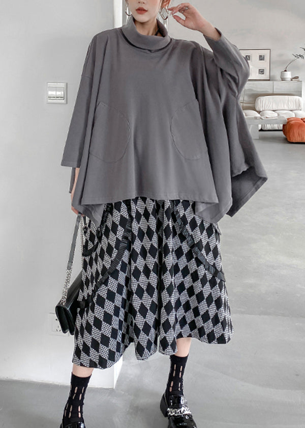 Unique Grey Hign Neck Patchwork Cotton Top Batwing Sleeve