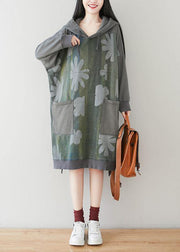 Unique Grey Hooded Pockets Patchwork Print Fall Sweatshirt Dress - bagstylebliss