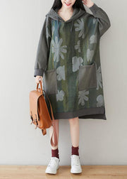 Unique Grey Hooded Pockets Patchwork Print Fall Sweatshirt Dress - bagstylebliss