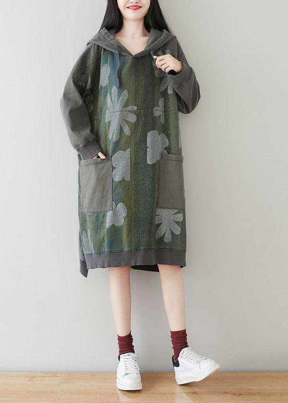 Unique Grey Hooded Pockets Patchwork Print Fall Sweatshirt Dress - bagstylebliss