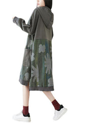 Unique Grey Hooded Pockets Patchwork Print Fall Sweatshirt Dress - bagstylebliss