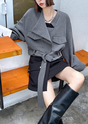 Unique Grey Loose Pockets tie waist Fall Long sleeve Coat